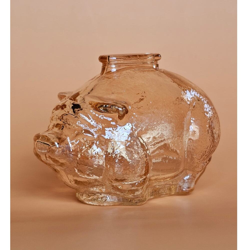 Vintage Anchor Hocking Glass Pig Bank Peach Pink Tint Textured Glass Piggy Bank